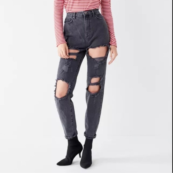 NEW BDG UO Grunge High Rise Mom Distressed Jeans Black Grey 25 goth y2k - Picture 3 of 13